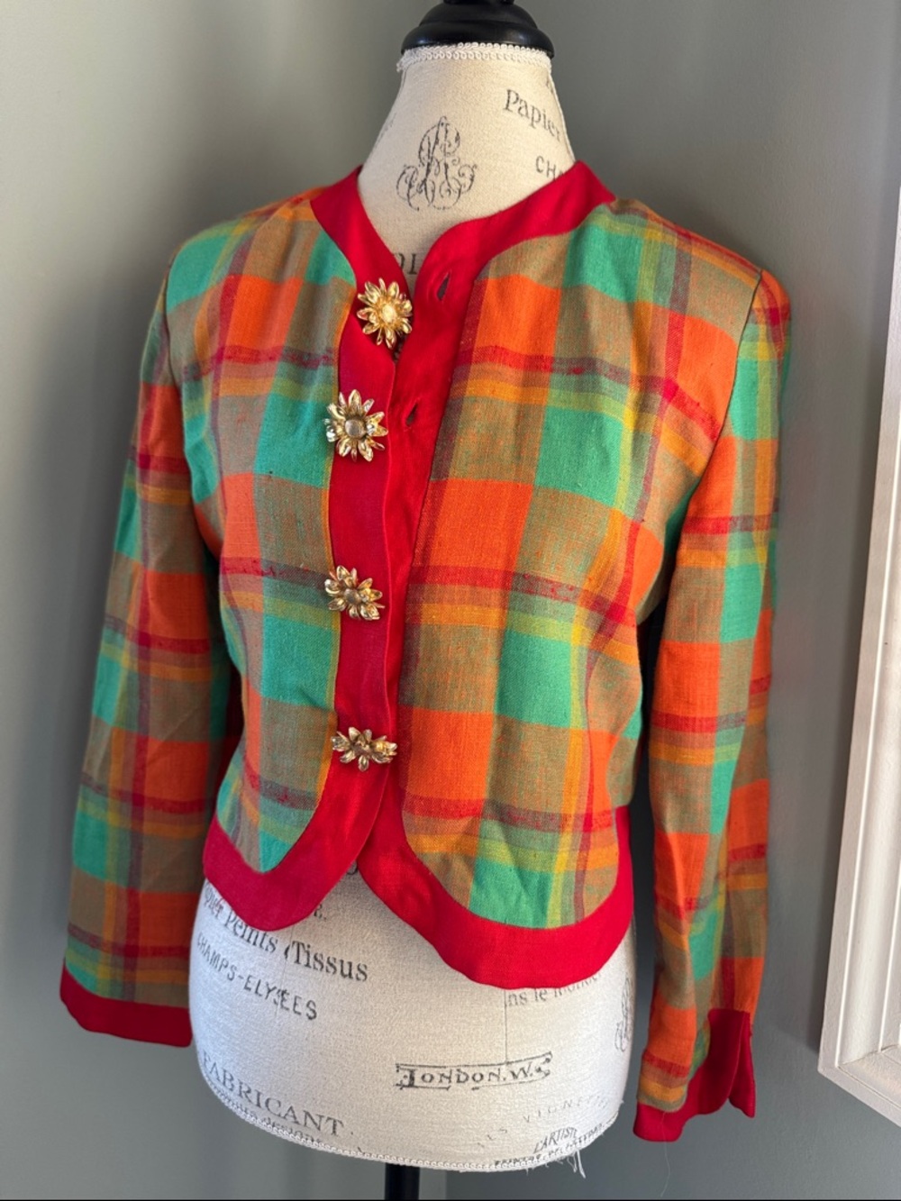 Linda Lewis Collection Linen Plaid Cropped Blazer Custom Buttons Small